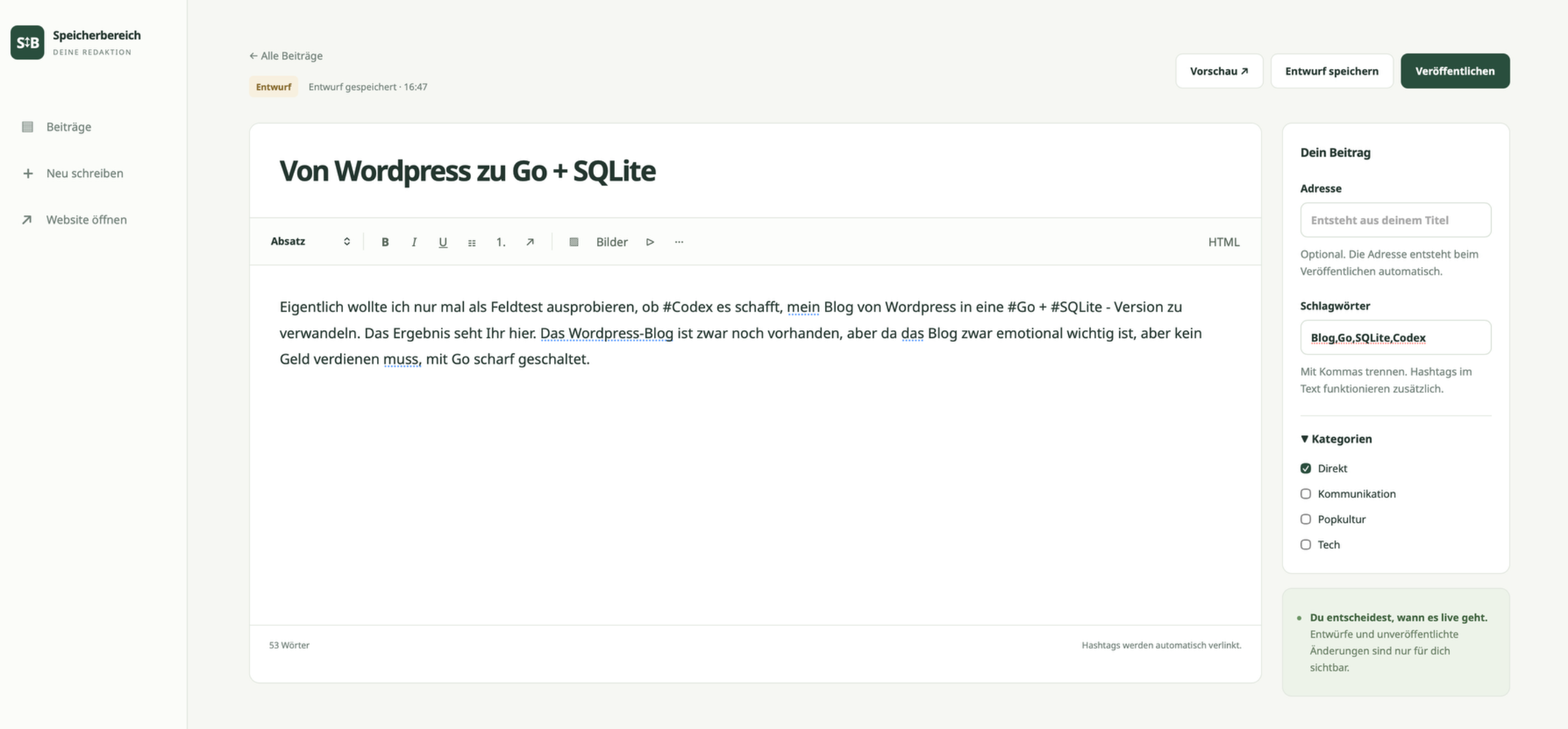 Screenshot vom Admin Interface